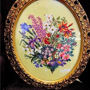 Vintage Framed Floral Cross Stitched with Top Glass
